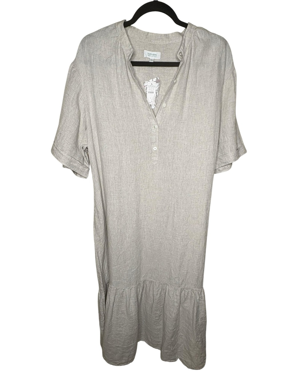 Haven Well Within NWT Linen Midi Dress L Natural Beige Ruffle Hem Belted